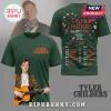 Green tee with 'Tyler Childers' text, tour dates, and 'Snipe Hunt' graphic; music apparel!
