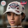 Distressed white hat: TEAM USA, USA BASEBALL, 26, 2026. Red, white, blue color scheme. American flag detail!
