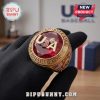 Gold USA baseball ring with ruby gem, 'World Baseball Classic' text. Patriotic jewelry!