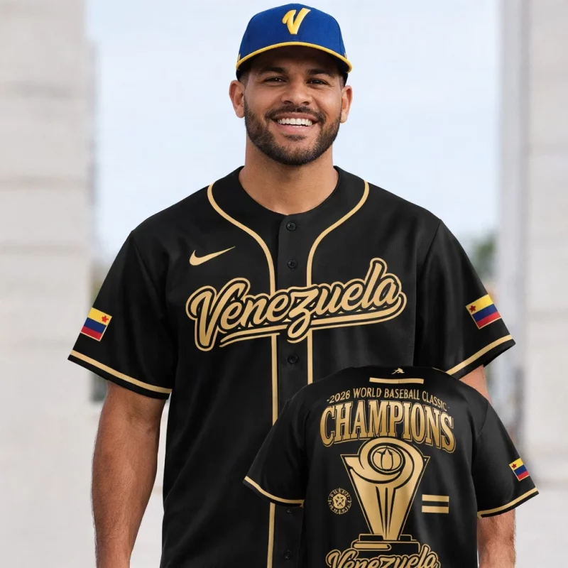 Venezuela Baseball 2026 World Classic Champions Edition Jersey front and back view in black and gold