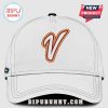 White hat with cursive letter V in orange and brown embroidery!