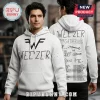 White hoodie, black distressed WEEZER logo front, 