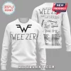 White distressed Weezer band crewneck sweatshirt, black 'WF' logo, 'The Gathering' text, hand-drawn instruments, concert tour dates!