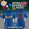 Blue World Baseball Classic 2026 jersey with 'Venezuela' and flag. Hat with 'V'. Personalize with 'YOUR NAME'!