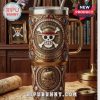 One Piece-themed metal tumbler with handle; skull/crossbones and ship design.!