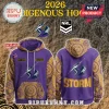 Purple and gold Melbourne Storm NRL Indigenous hoodie with dot art pattern, team logo, and custom name option on the chest!