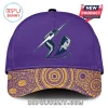 Purple Melbourne Storm cap with yellow Indigenous art on brim and lightning bolt logo.!