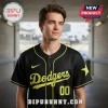 Black baseball jersey with lime green script text 'Dodgers' and number '00'! Yellow star on sleeve and yellow piping!