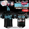 Black and light blue Dodgers-style baseball jersey for 5 Seconds of Summer World Tour with custom name and band photo on back!
