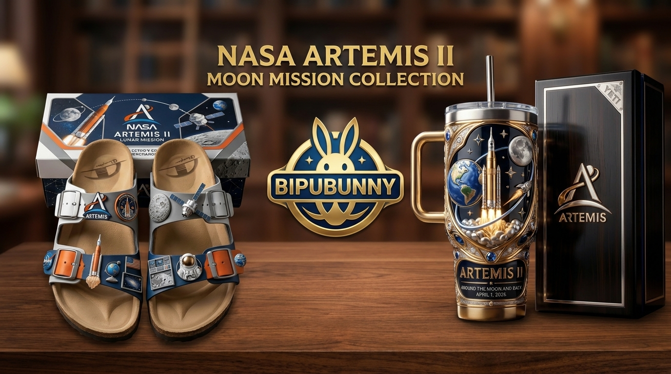 A promotional display of NASA Artemis II themed merchandise including decorated sandals and a luxury gold tumbler on a wooden table!