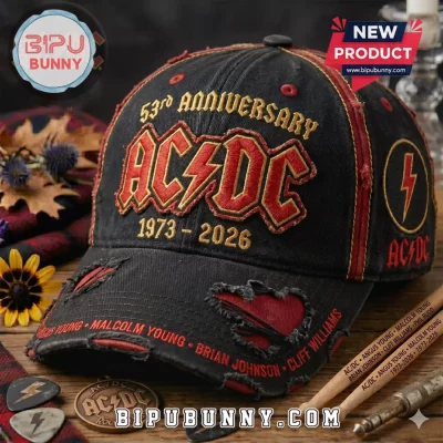 AC/DC 53rd Anniversary Distressed Embroidered Rock Band Baseball Cap AC/DC 53rd Anniversary Distressed Embroidered Rock Band Baseball Cap