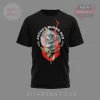 Black t-shirt with a grayscale rose design, red stripe, and circular 