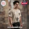 Cream baseball jersey with black NY Yankees logos and a large, sketchy skeleton graphic on the front!