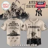 Cream baseball jersey with black Avenged Sevenfold Life Is But A Dream tour art and New York Yankees logos!