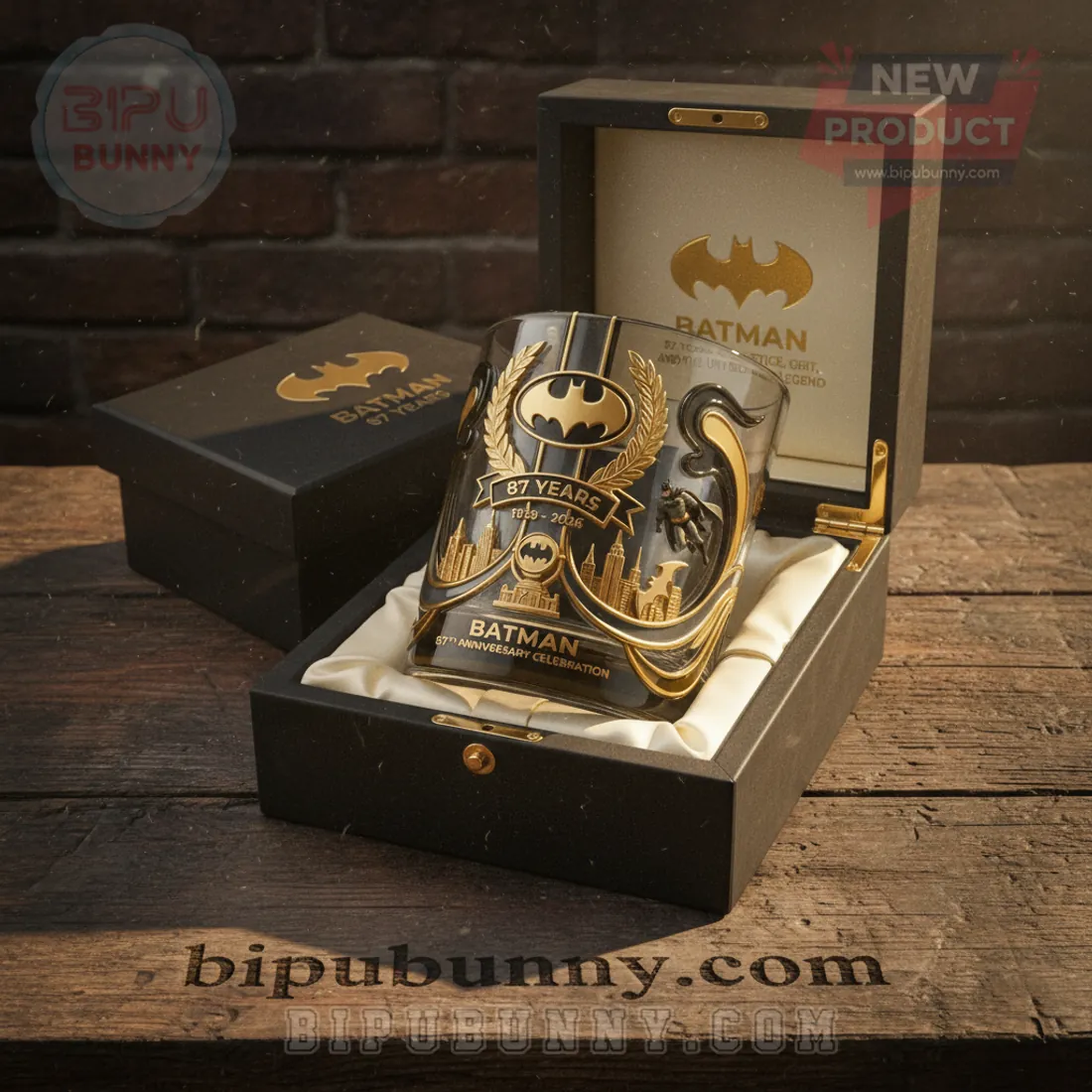 Batman 87th Anniversary Premium Commemorative 3D Gold Design Whiskey Glass Batman 87th Anniversary Premium Commemorative 3D Gold Design Whiskey Glass