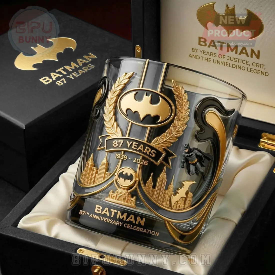 Batman 87th Anniversary Premium Commemorative 3D Gold Design Whiskey Glass Batman 87th Anniversary Premium Commemorative 3D Gold Design Whiskey Glass