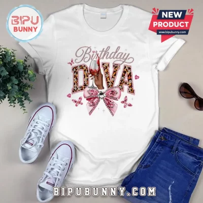 Birthday Diva Sparkly Leopard Wine Glass Graphic Celebration T-Shirt