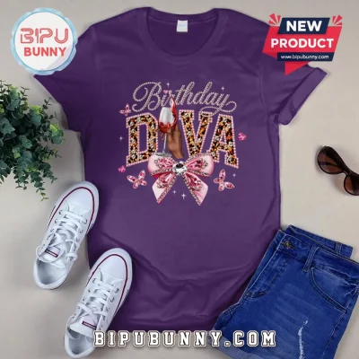 Birthday Diva Sparkly Leopard Wine Glass Graphic Celebration T-Shirt