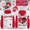 White and red hoodie with Bruno Mars and Hello Kitty cartoon graphics, roses, and signatures! 'Bruno Mars' and 'Hello Kitty' text!