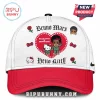 White and red cap with cartoon Bruno Mars and Hello Kitty inside a red heart with text 