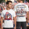 White patriotic tee with Bucee's beaver in Uncle Sam hat. Back: 