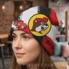Red white black yellow patchwork beanie with Buc-ee's beaver mascot, red vintage truck, and BUC-E text design!