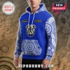 Royal blue hoodie with white Indigenous art pattern, Canterbury Bulldogs bulldog mascot logo, and custom name text!