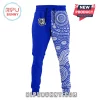 Blue and white Bulldogs joggers with a split design featuring a mascot logo and an Indigenous dot art pattern!