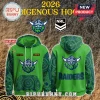 Green Canberra Raiders Indigenous hoodie with blue dot art sleeves! Custom name option, team logos, and RAIDERS on the back!