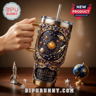 Celestial Solar System Ornate Gold Blue 3D Embossed Luxury Stanley Tumbler