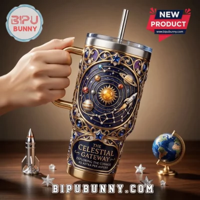 Celestial Solar System Ornate Gold Blue 3D Embossed Luxury Stanley Tumbler
