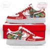 Red and white Coca-Cola sneakers, retro soda bottle, lemon, ice, abstract graphics, 'Coca-Cola' text!