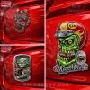 Edgy chrome Coca-Cola badges! Green zombie skulls with 3D glasses, biker helmets, stacked cans, 'WORK & RIDE', 'NO FINISH LINE', 'KEEP MOVING' text!