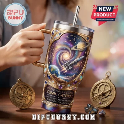 Cosmic Gateway Luxury Space Gold Embellished Insulated Handled Tumbler