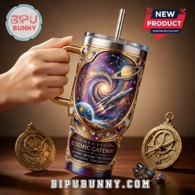 Cosmic Gateway Luxury Space Gold Embellished Insulated Handled Tumbler