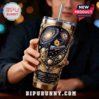 Cosmic Voyage Luxury Gold Trim Universe Tumbler with James Webb Telescope & Planets.