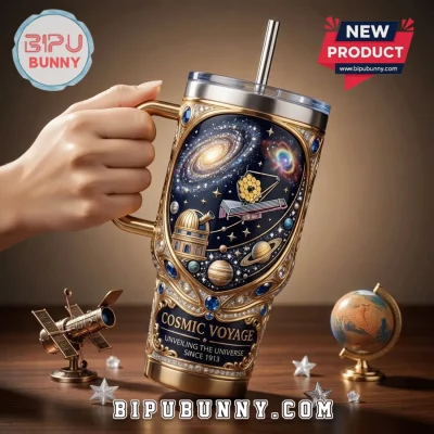 Cosmic Voyage Luxury Gold Trim Universe Tumbler with James Webb Telescope & Planets.
