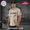 Beige baseball jersey with black text 'DODGERS', 'LA', 'COSMIC', Avenged Sevenfold logo, and skeleton graphics!