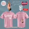 Pink SF Giants custom baseball jersey with Olivia Rodrigo 'you seem pretty sad for a girl so in love' GUTS tour graphic!