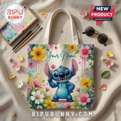 Disney Stitch Floral Watercolor Custom Tote Bag