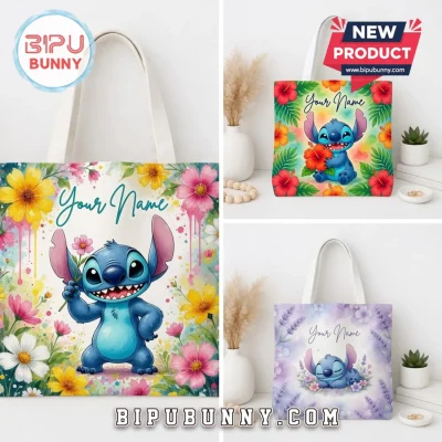 Disney Stitch Floral Watercolor Custom Tote Bag