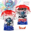 Red white blue splatter racing tee, cartoon Stitch driver, checkered flag. Text 