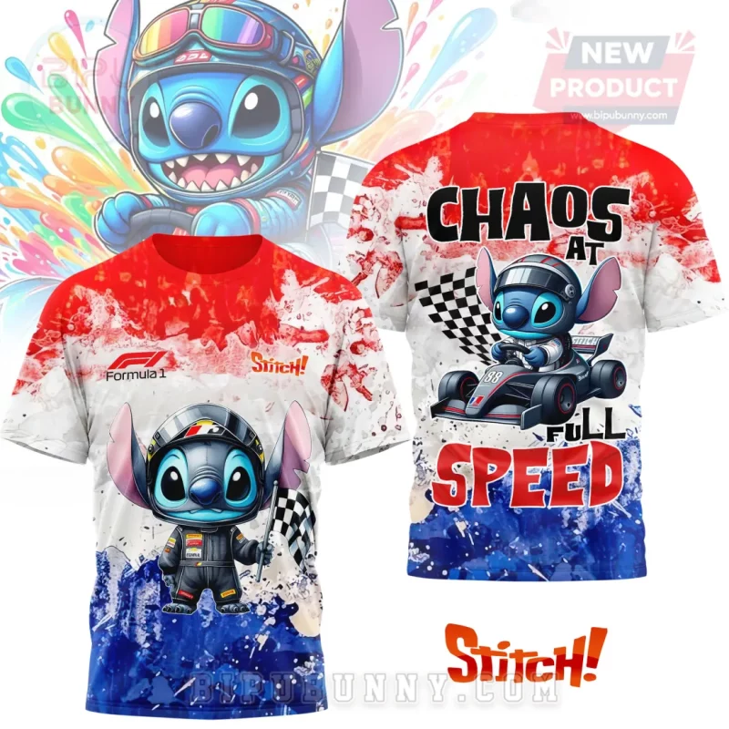 Stitch Racing Jackets Disney Stitch Formula 1 Racing Chaos At Full Speed 3D T-Shirt ...