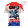 Red white blue racer Stitch tee with checkerboard flag! CHAOS AT FULL SPEED text, racing kart design, dynamic paint splatters!