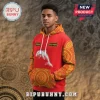 Red hoodie with yellow Aboriginal art pattern on sleeves! White dolphin graphic and text patches that say 'JORDAN' and 'DOLPHINS'!