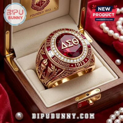 DST Premium Gold Red Gemstone Crystal Accented Sorority Ring