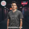 Grey baseball jersey with black trim and text that reads GREYDAY SUICIDE BOYS 2023 in a horror style font!
