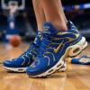 Royal blue gold athletic sneakers, Nike swoosh, Golden State Warriors text on tongue and side, team logo on toe!