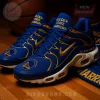 Blue and gold Golden State Warriors athletic shoes, with team logo and GOLDEN STATE WARRIORS text in bold gold lettering!