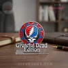 Red blue Grateful Dead Steal Your Face skull emblem with lightning bolt logo on stand, text 
